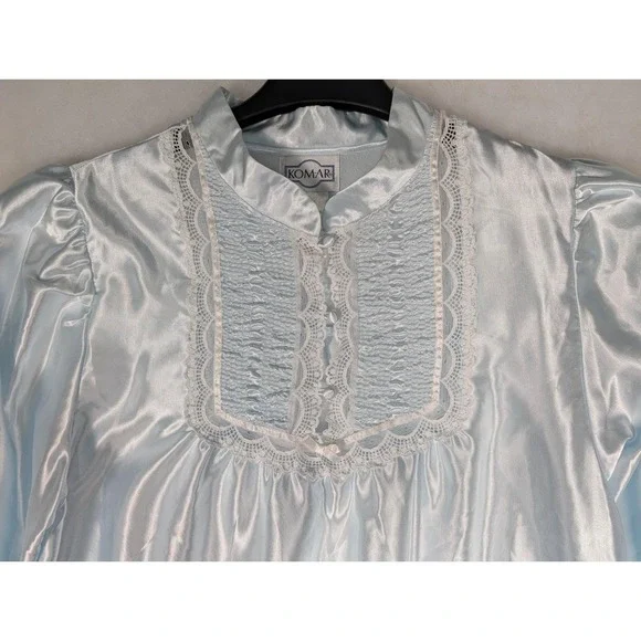 Komar Lg Med Icy Blue Long Sleeve Lace Trim Nightgown Gown Liquid Satin‎ - Picture 4 of 9